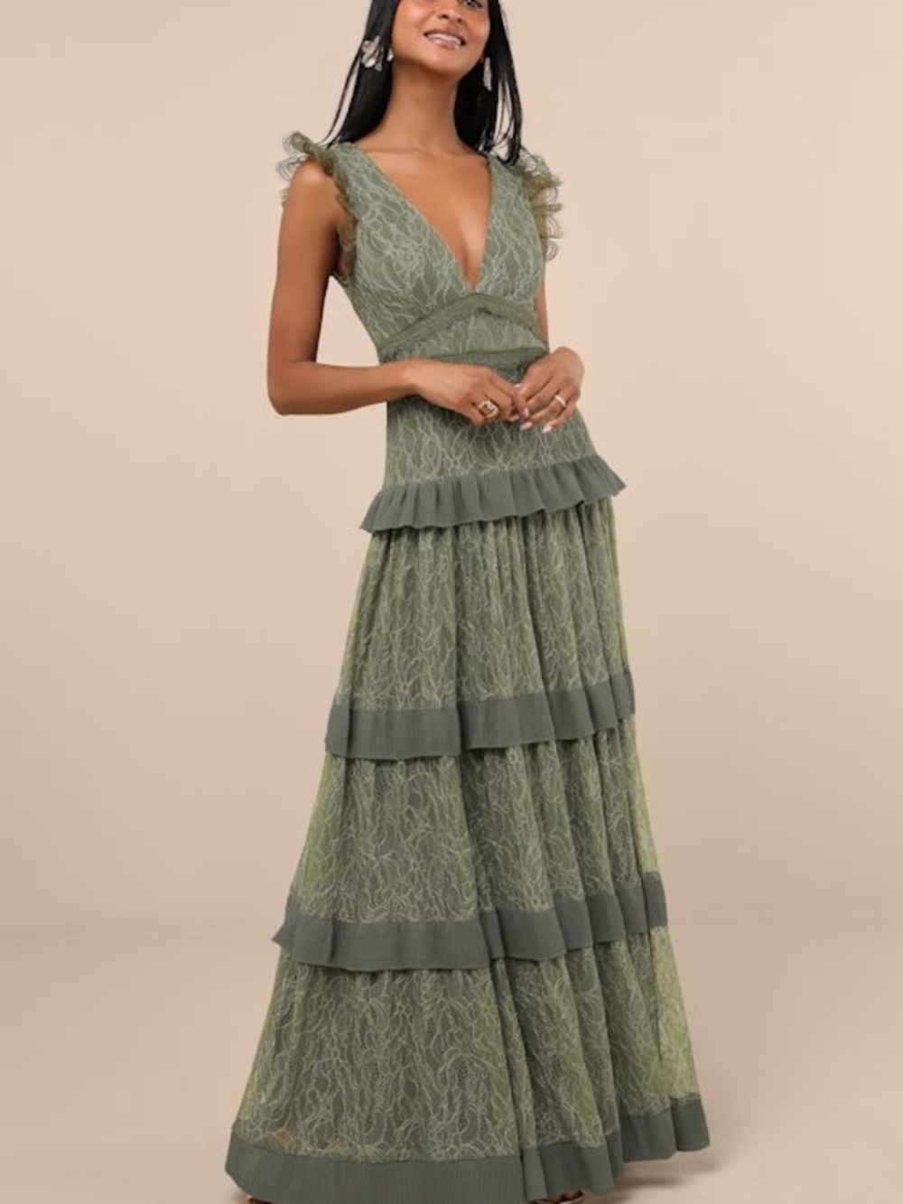 Lulus Marvelous Darling Olive Lace Ruffled Tiered Maxi Dress Green - Size L